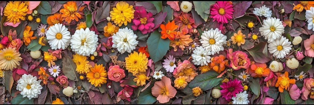 Fototapeta premium Flowers wall background Colorful chrysanthemum flower with amazing red,orange,pink,purple,green and white chrysanthemum flowers ,Wedding decoration, hand made Beautiful flower wall background