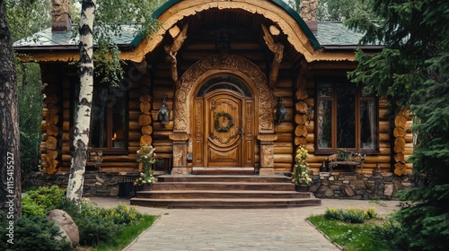 Exquisite Wooden Log House with Detailed Entrance Design