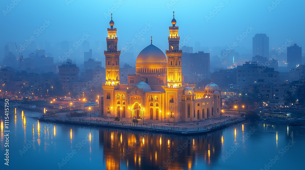 Fototapeta premium Illuminated mosque by a tranquil river in a hazy urban skyline at dawn