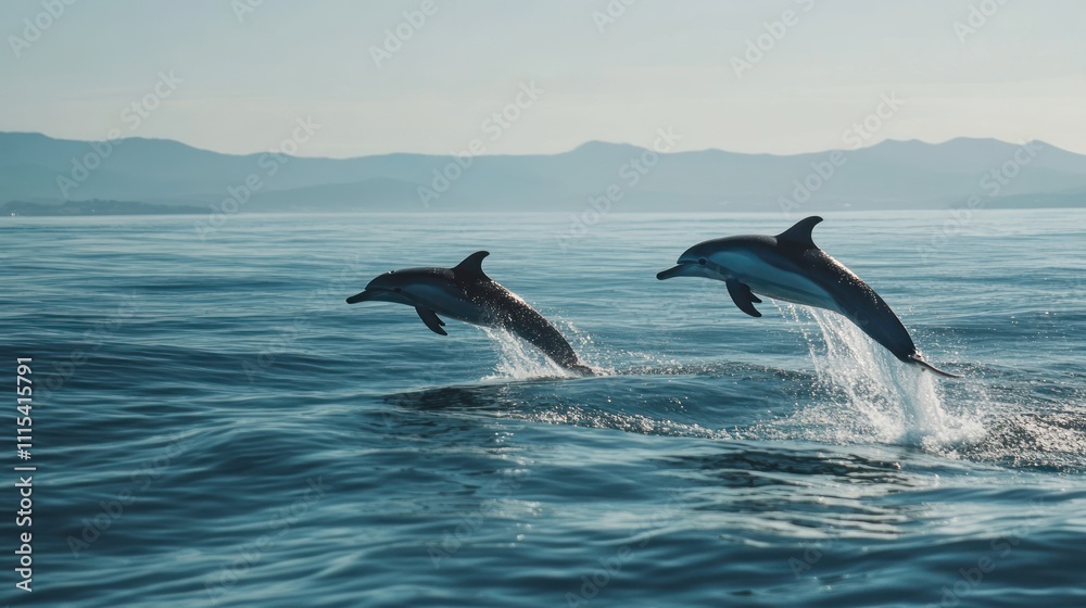 Two dolphins leaping out of the water against a serene backdrop. Two dolphins leaping out of the water against a serene backdrop.
