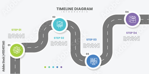 Infographic template for business. 4 Steps Modern Timeline diagram with road journey concept, presentation infographic