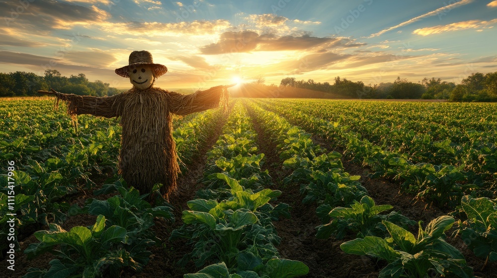 Fototapeta premium Scarecrow in a Vibrant Field at Sunset with Golden Sky