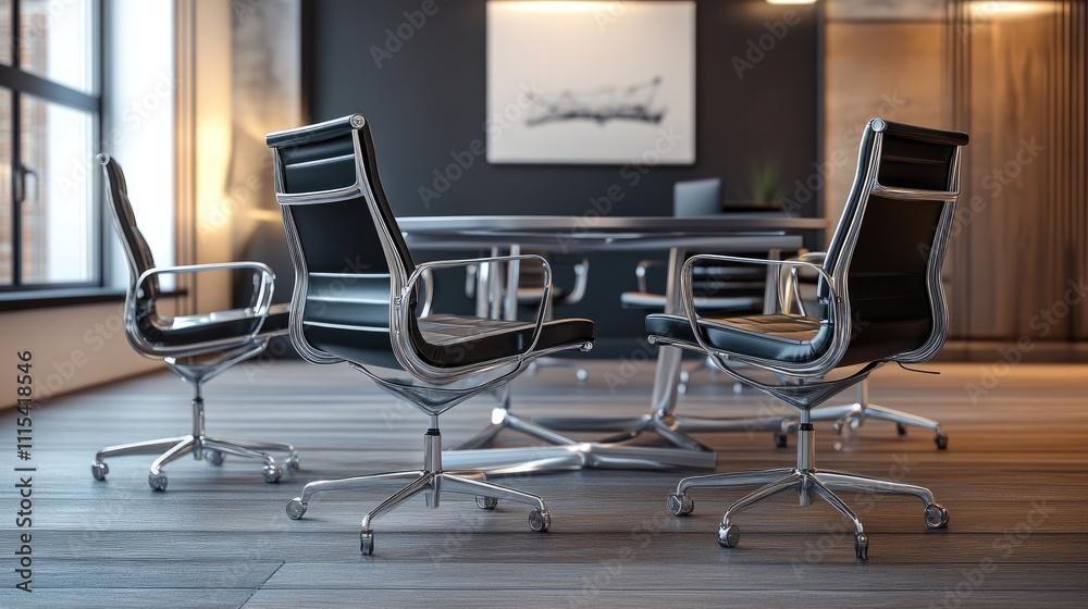 Fototapeta premium Modern Conference Room with Stylish Black Leather Chairs