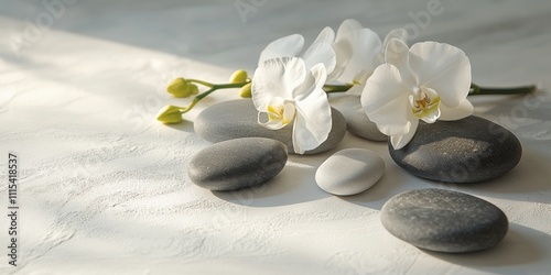 White orchid spa setting featuring massage stones arranged elegantly on a white surface, creating a serene atmosphere for relaxation and rejuvenation in a spa environment.