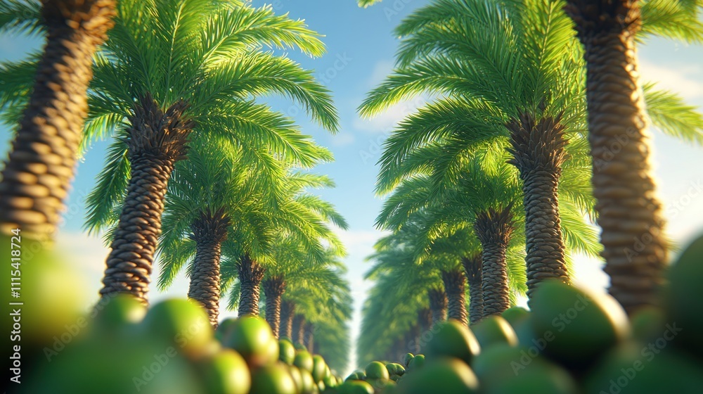 Fototapeta premium Lush palm trees line a path through a tropical grove, sunlit.