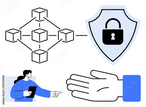 Blockchain network nodes connected to a shield with a locked padlock, guiding hand gesture, and a person with a tablet. Ideal for cybersecurity, trust, digital transactions, data protection