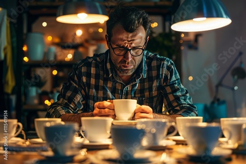 A man sitting at a desk late at night, surrounded by empty coffee cups, struggling to stay awake due to insomnia. photo