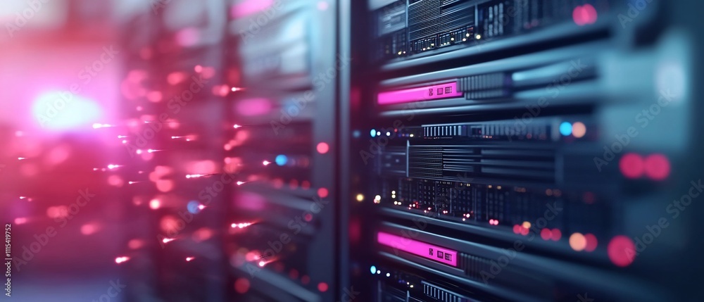 Data center server rack with glowing particles. Data center server rack with glowing particles.