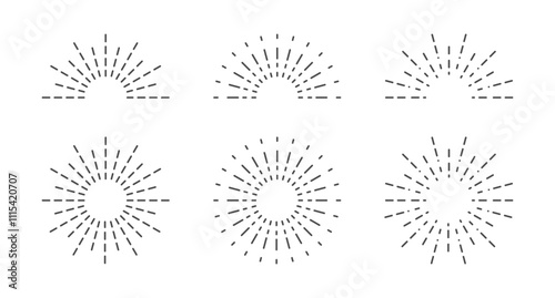 Set of round, half sunburst, line sun rays icons