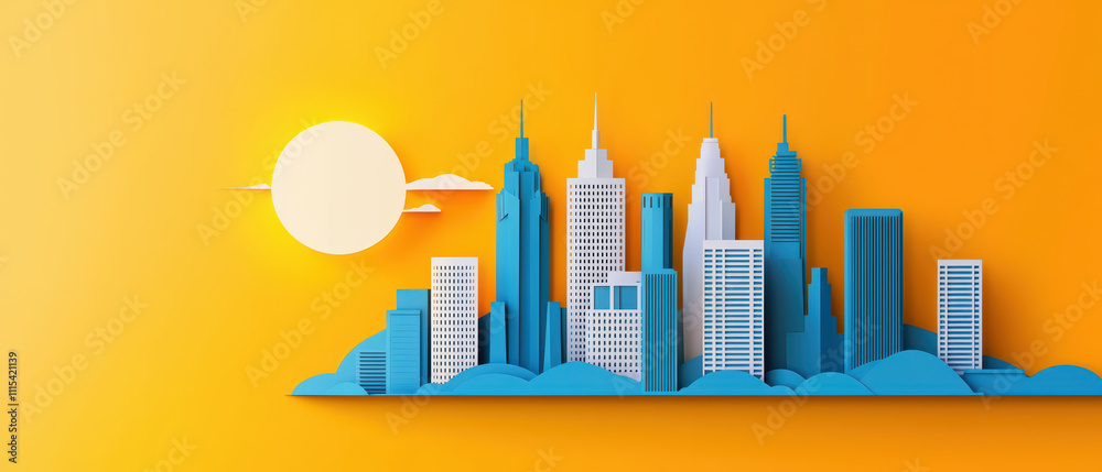 vibrant paper art depiction of futuristic city skyline at sunset, featuring tall buildings and bright sun. colors create cheerful atmosphere vibrant paper art depiction of futuristic city skyline at sunset, featuring tall buildings and bright sun. colors create cheerful atmosphere