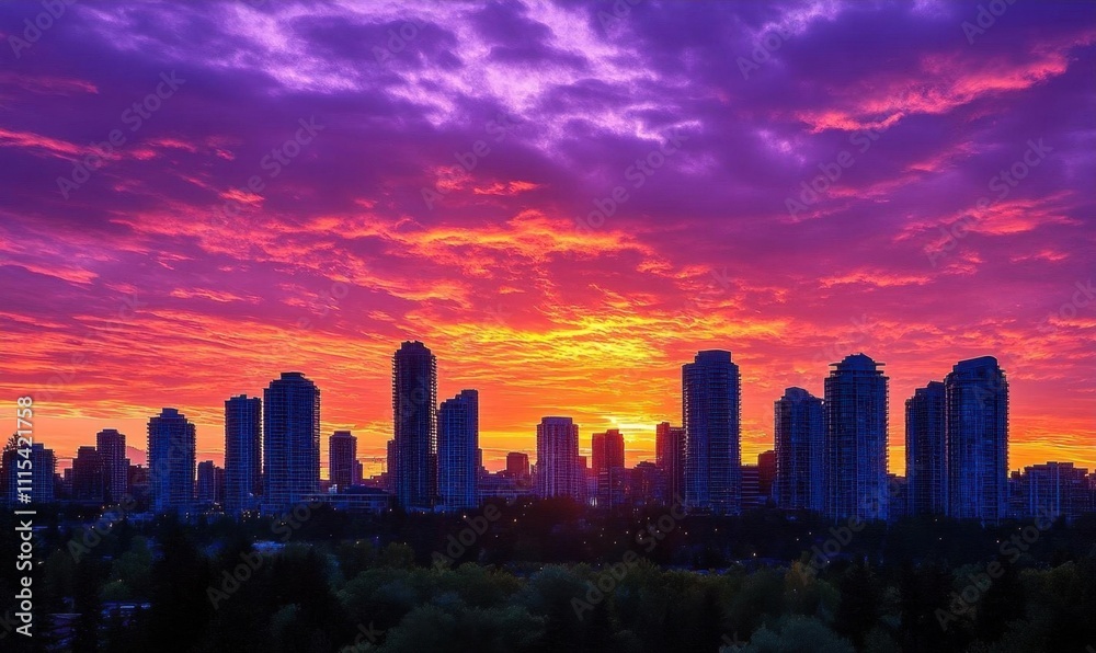 Fototapeta premium Vibrant sunset over a city skyline with dramatic clouds.