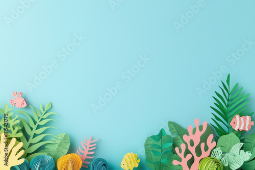 whimsical underwater world created with colorful paper art featuring vibrant fish and lush aquatic plants against serene blue background photo