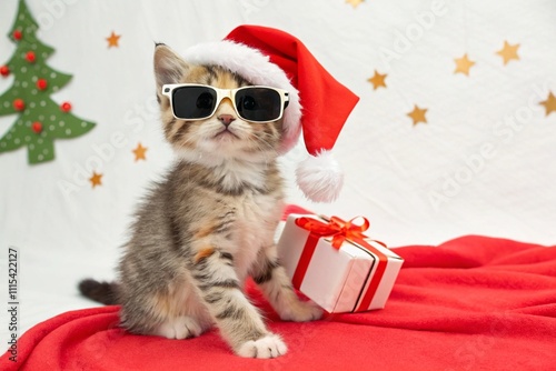 A playful cat wearing a Santa hat and sunglasses, surrounded by festive decorations and gifts. The vibrant Christmas theme captures a mix of humor and holiday cheer, perfect for a joyful celebration. photo