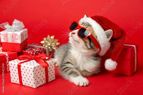 A playful cat wearing a Santa hat and sunglasses, surrounded by festive decorations and gifts. The vibrant Christmas theme captures a mix of humor and holiday cheer, perfect for a joyful celebration. photo