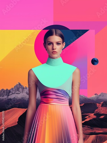 Female model wearing a futuristic dress with vibrant color gradients, blending with mountain landscape background. Modern fashion, retro-futuristic, neo pop collage photo