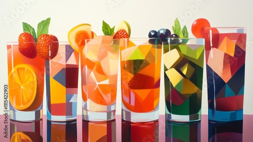 Colorful fruit cocktails arranged artfully in stunning glasses. photo