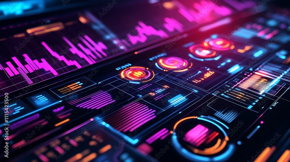 Obraz premium A futuristic digital interface displaying data visualizations and analytics.