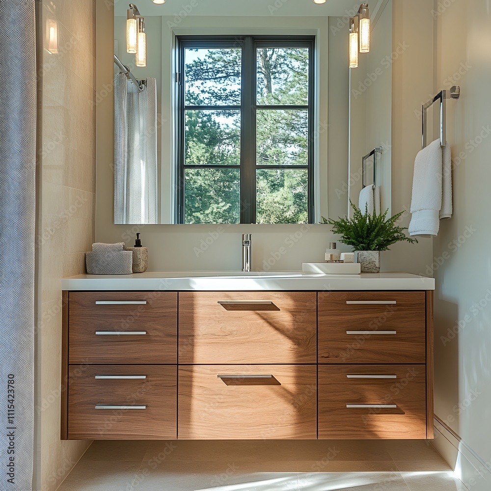 Modern Bathroom Interior with Wooden Vanity, Large Window, and Elegant Fixtures Featuring Natural Light and Minimalist Design. Modern Bathroom Interior with Wooden Vanity, Large Window, and Elegant Fixtures Featuring Natural Light and Minimalist Design.