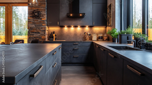 A modern industrial kitchen with dark cabinet