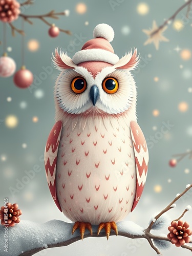 there is a cartoon owl sitting on a branch with pine cones. photo