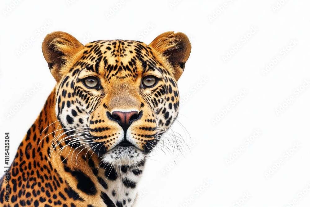 Naklejka premium Studio photo of a leopard isolated against a white background. Wildlife and conservation concept, space for copy.