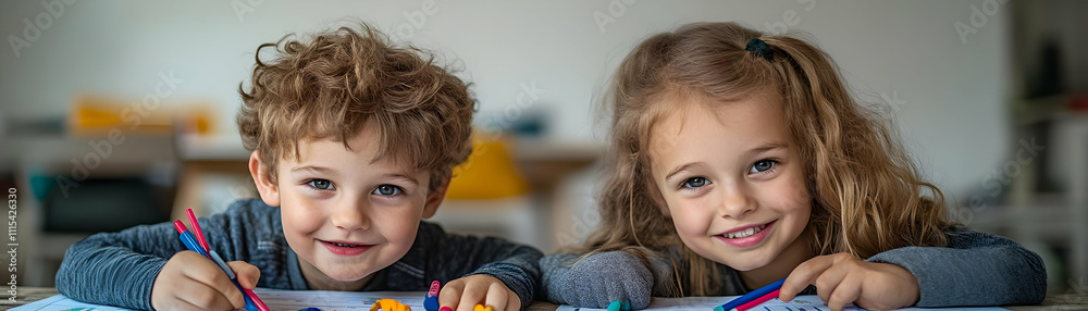 Creative Kids Designing Financial Chart with Markers on Plain Background