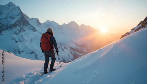 climbing a snow-covered mountain, two women in winter trekking, climbers climb to the top of the mountain in winter Woman hiker hiking at mountain top in tibet
 photo