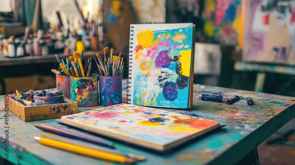 Fototapeta premium Colorful Artist Workspace with Brushes, Paints, and Sketchbooks