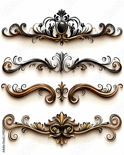 Four ornate, decorative, gold and black design elements.