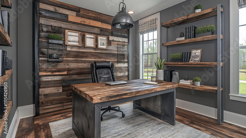 An industrial home office with a reclaimed wo photo