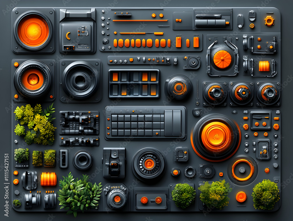 Fototapeta premium Futuristic tech panel with integrated nature elements.