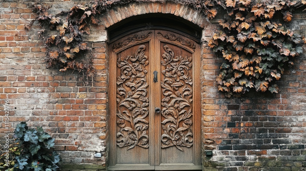 Intricate Wooden Door Surrounded by Brick Wall and Ivy Vines Intricate Wooden Door Surrounded by Brick Wall and Ivy Vines
