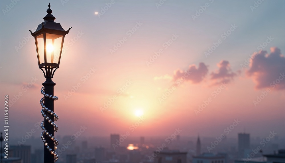 Fototapeta premium Elegant lamppost with beads against sunset skyline, creating serene urban atmosphere
