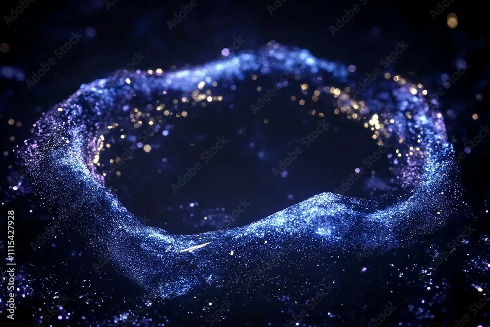 Obraz premium 抽象バナー）ダーク背景に紫・青・金色の輝く粒子の輪。テクノロジーのコンセプト