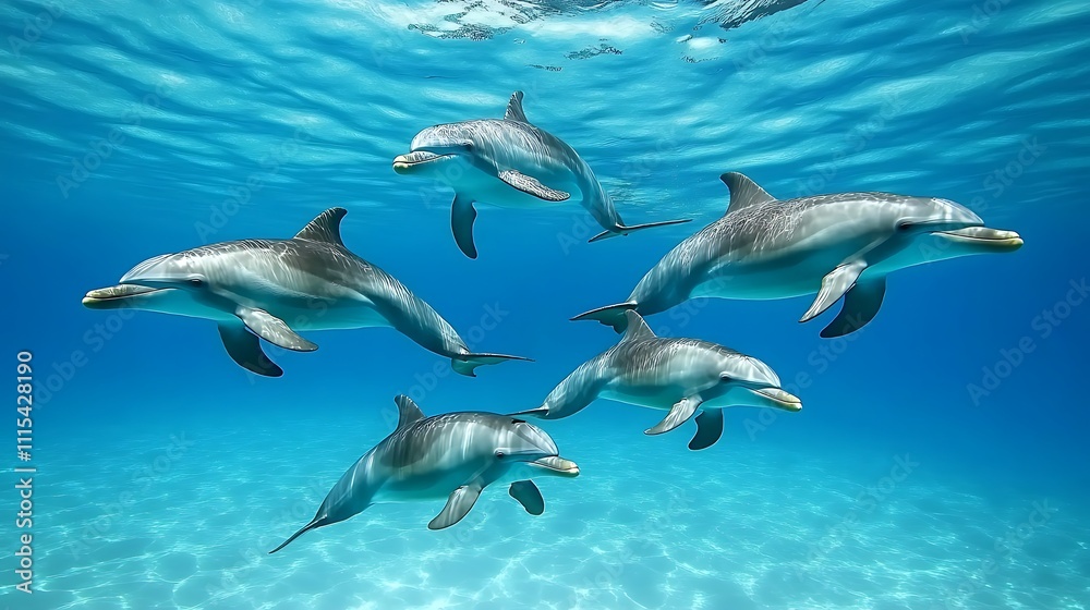Obraz premium A group of dolphins swimming gracefully in clear blue water.