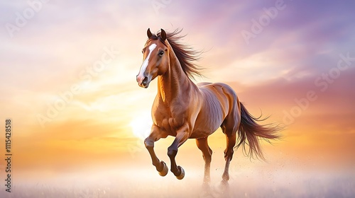 A majestic horse galloping freely across a vibrant orange and purple sunset, with its mane and tail flowing in the wind, creating a picturesque silhouette against the glowing sky.