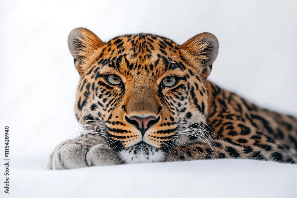 Obraz premium Studio photo of a leopard isolated against a white background. Wildlife and conservation concept, space for copy.