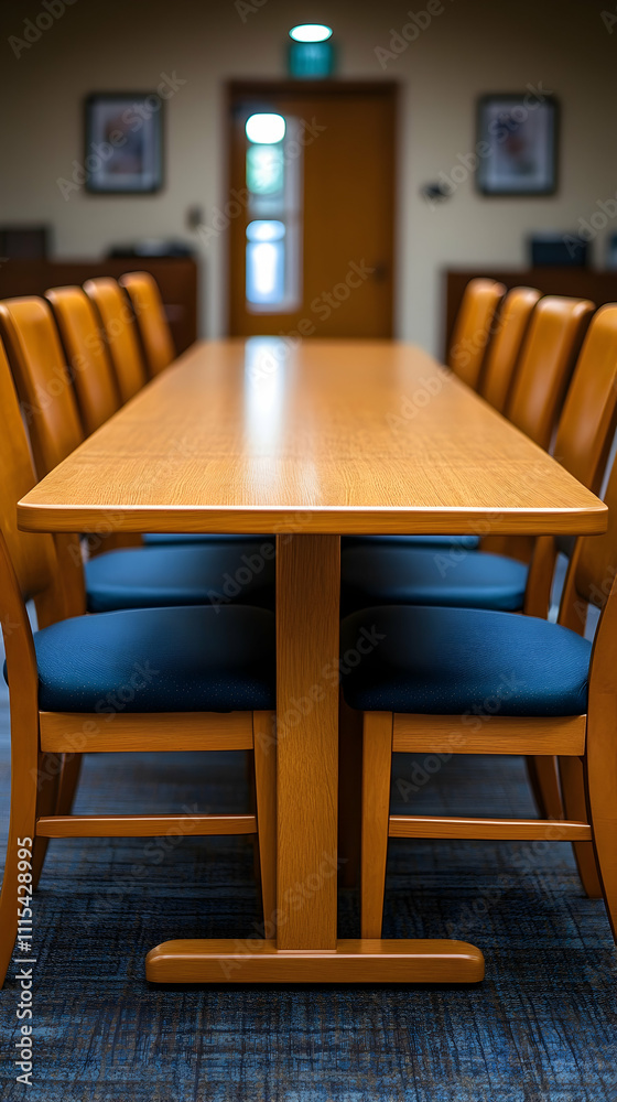 Fototapeta premium Long wooden conference table with blue chairs in a room.