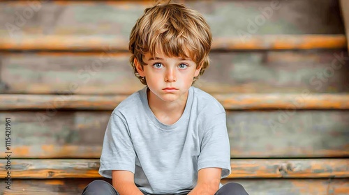 The school boy sits alone at the bottom of the stairs, his head hanging low and his shoulders slumped in defeat