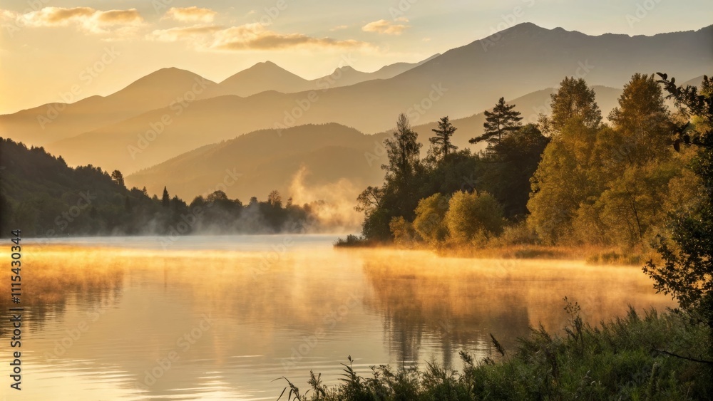 Fototapeta premium Serene sunrise over lake with mountains and mist in the foreground