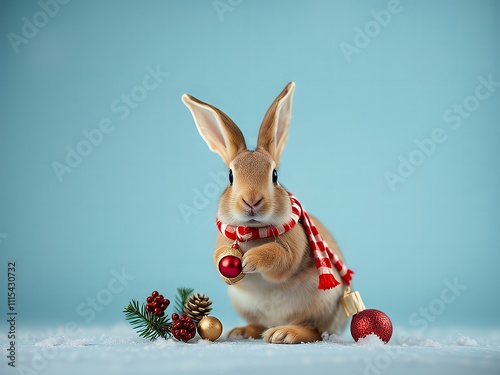 there is a rabbit that is sitting in the snow with a christmas ornament. photo