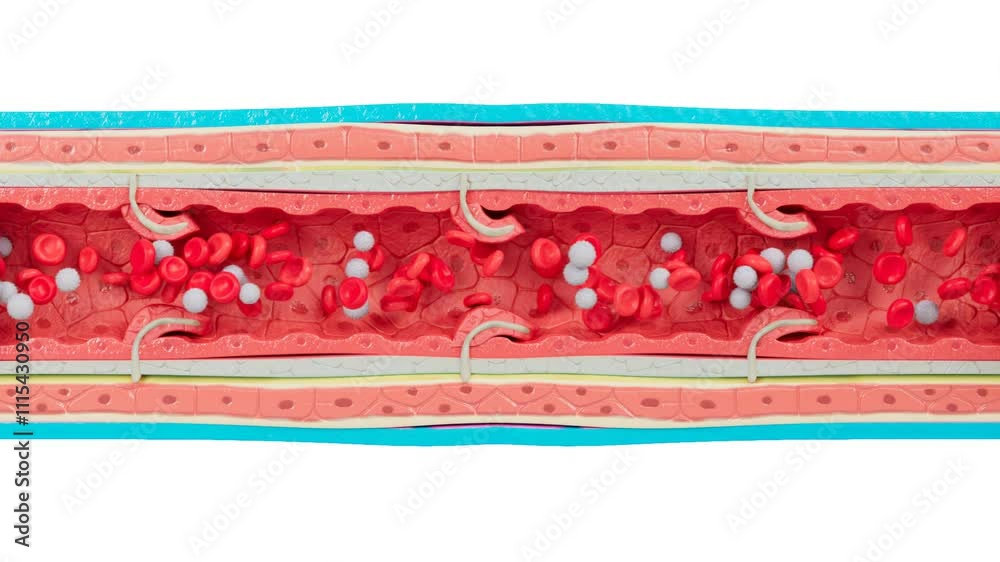 3D animation of artery and vein layers with red and white blood cells ...