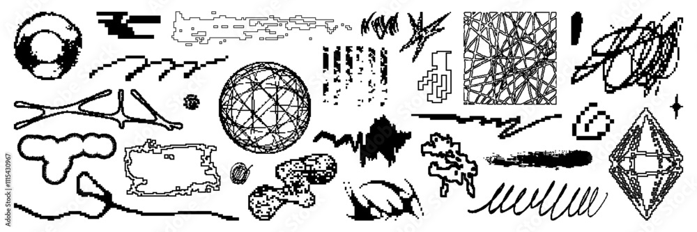 Obraz premium Set of bitmap graphic geometric asset. Vector modern shapes in Y2k pixelated aesthetic. Isolated element for stickers, poster, collage, design template.