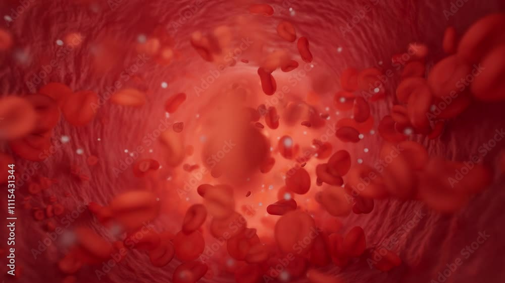 3D animation of a blood stream inside an artery, featuring erythrocytes, lymphocytes, and thrombocytes in motion. A detailed medical visualization of blood flow within a vessel.
