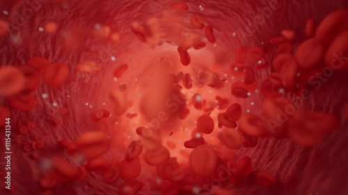 3D animation of a blood stream inside an artery, featuring erythrocytes, lymphocytes, and thrombocytes in motion. A detailed medical visualization of blood flow within a vessel.