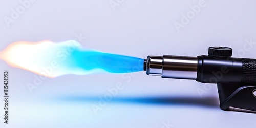 Gas flame gun torch emits a striking blue fire, perfect for various tasks. This gas flame gun torch is designed for efficiency and ease of use, featuring a butane fuel source against a white photo