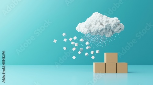 A graphic illustration of a warehouse with product information and inventory data flowing into a cloud, representing the digitalization of inventory management.