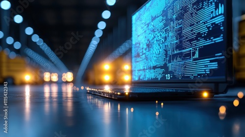 A large monitor displaying graphs and charts analyzing warehouse performance metrics, such as order picking accuracy, inventory turnover rates, and storage capacity utilization.