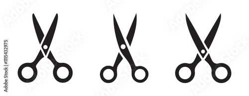 Open scissors icon set. Black filled cut tool sign. Outline shear illustration. Scissors silhouette isolated.