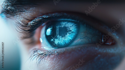 A close up of a human face with one eye replaced by a glowing blue cybernetic eye, intricate circuitry details visible beneath a transparent synthetic cornea.